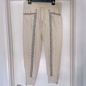 Johnny Was Embroidered Jogger Sweatpants Stone Color with Grey Embroidery Size M